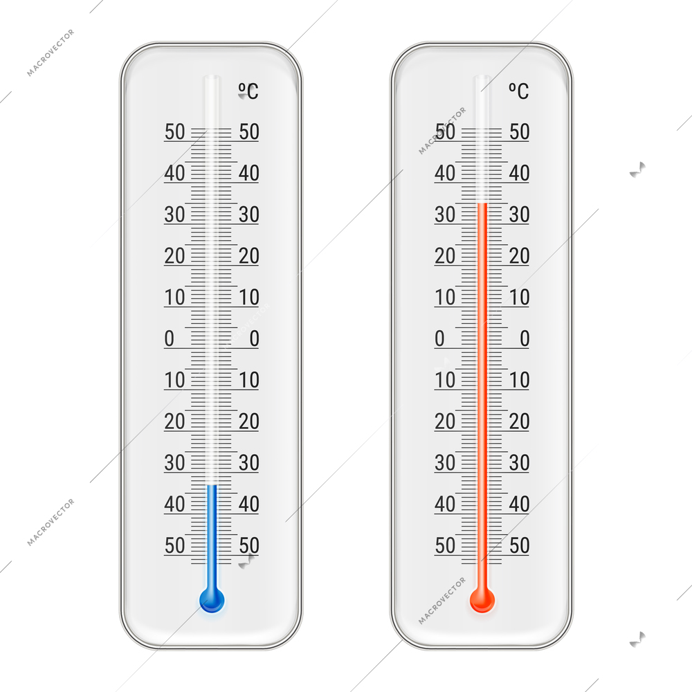 Classic outdoor and indoor celsius alcohol ethanol red  and blue thermometers set for meteorological measurements realistic vector illustration