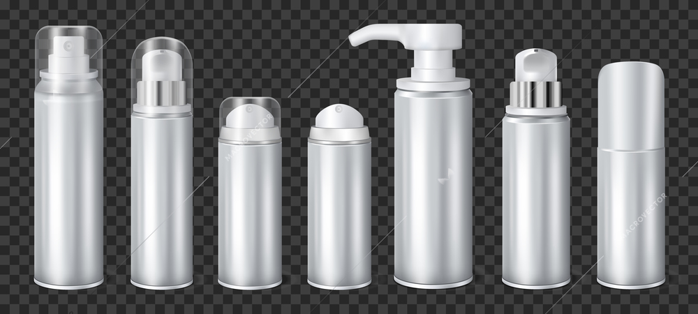 Aluminium liquid dispensers mockup aerosol deodorants and spray cans realistic set on dark transparent background vector illustration