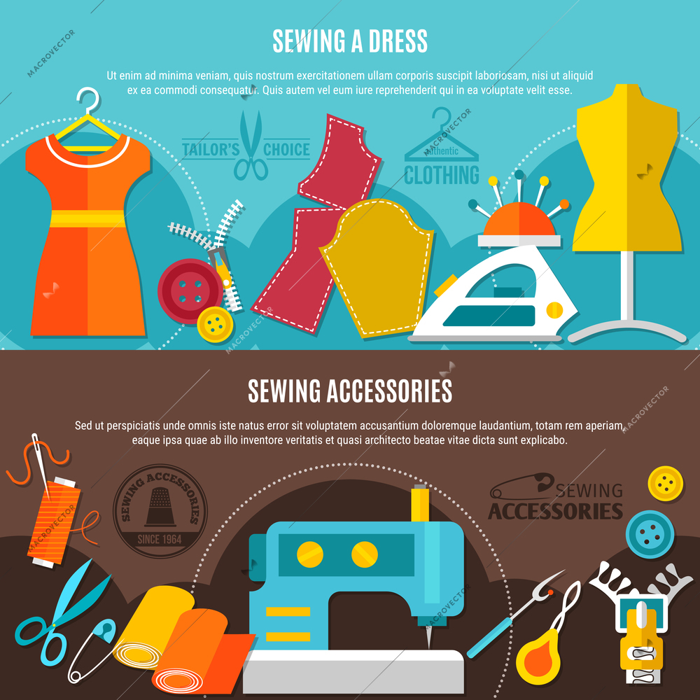 Sewing accessories horizontal banners set with sewing a dress symbols flat isolated vector illustration