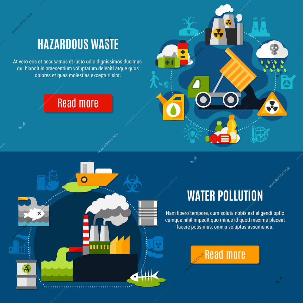 Pollution and waste horizontal banners set with ecology symbols flat isolated vector illustration