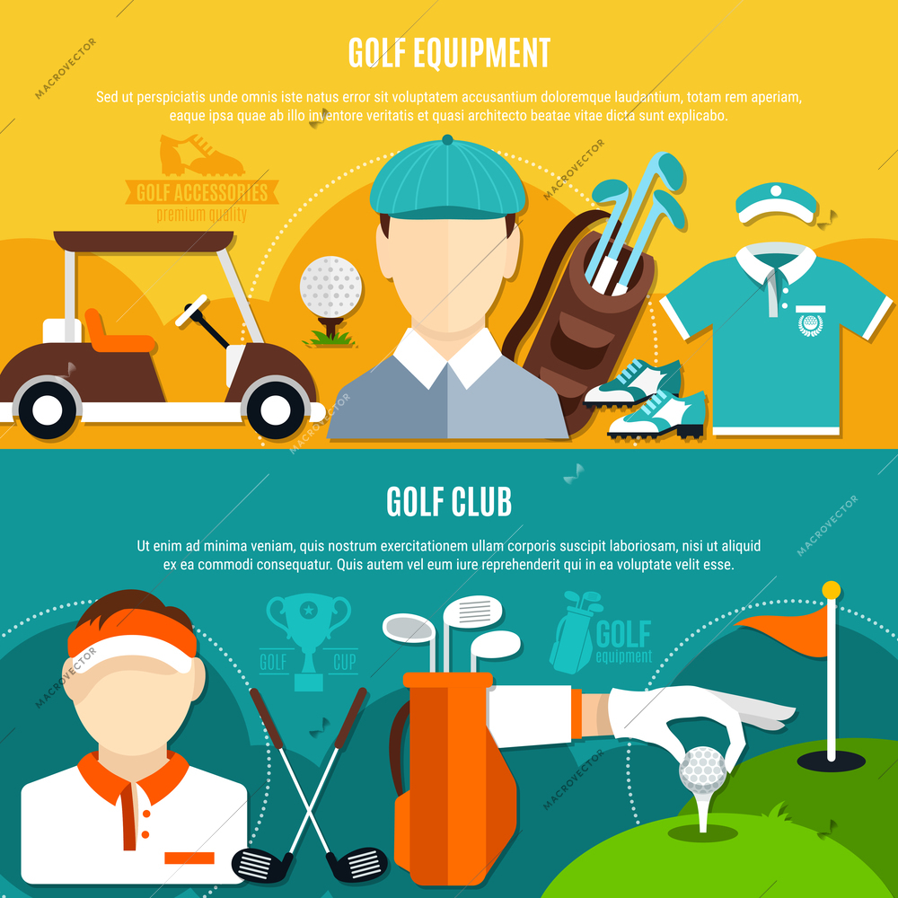 Golf game horizontal flat banners with sportswear and equipment, club with green field isolated vector illustration