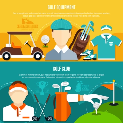 Golf game horizontal flat banners with sportswear and equipment, club with green field isolated vector illustration