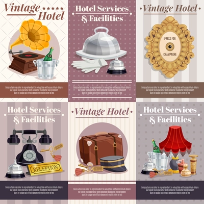 Colored vintage hotel poster set with best service and facilities descriptions and different attributes for work vector illustration