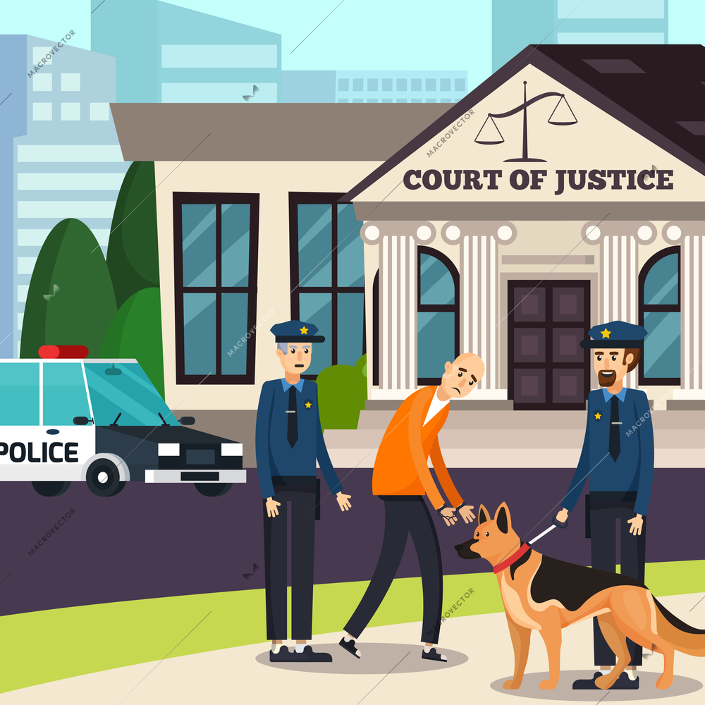 Policemen with dog and suspected in handcuff on background of court house orthogonal composition flat vector illustration