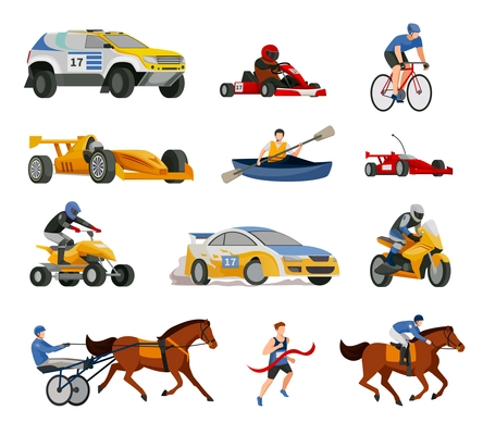 Racing flat icons collection of isolated images of motor racing cars bicycles race boats and chariots vector illustration
