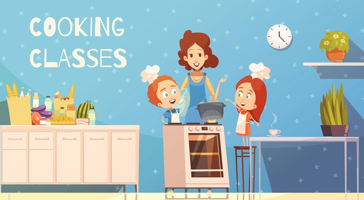 Cooking classes for children in kitchen interior cartoon vector illustration with young woman teaching kids how to cook dinner