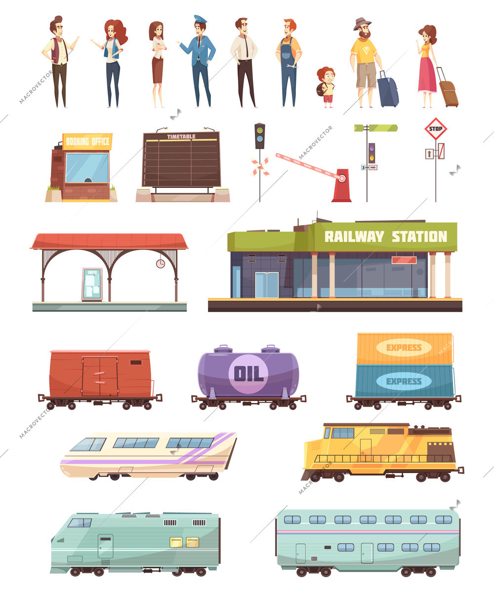 Railway decorative icons set with station building driver travelers oil tank freight and passenger wagons isolated vector illustration