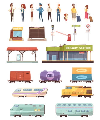 Railway decorative icons set with station building driver travelers oil tank freight and passenger wagons isolated vector illustration