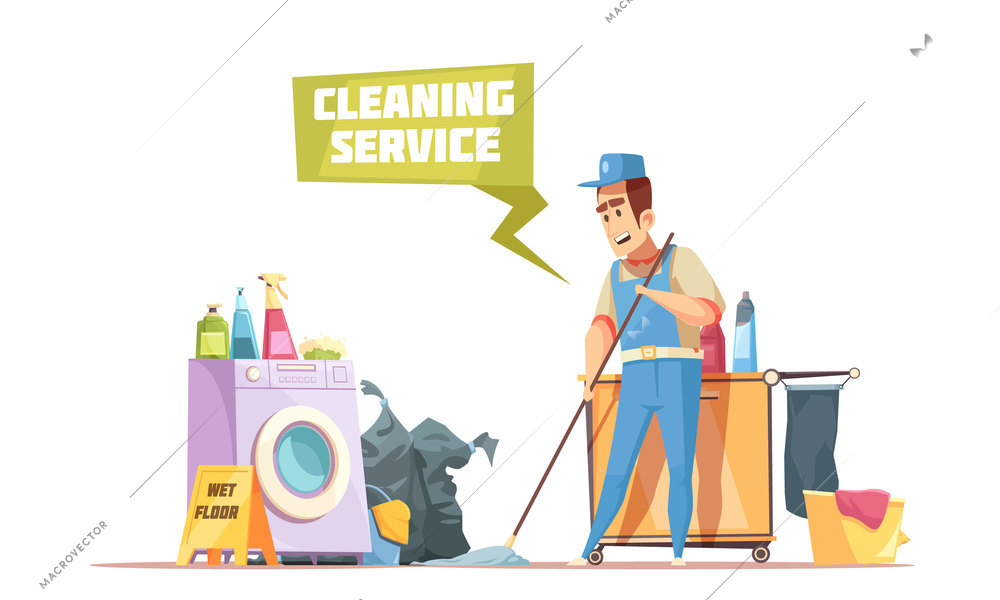 Cleaning service design composition with man washing floor by wet mop and sprays and cleansers in home interior flat vector illustration