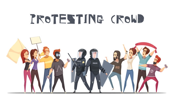 Protesting crowd design concept with cartoon characters of protesters and policemen armed with batons and shields vector illustration