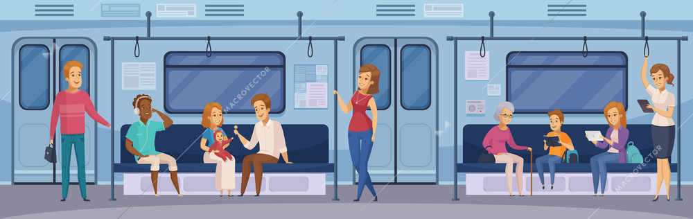 Subway underground train car interior with commuting passengers sitting reading standing with tablet cartoon vector illustration