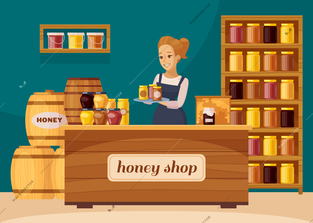 Beekeepers apiary shop interior with honeycombs and shelves of jarred raw organic honey cartoon composition vector illustration