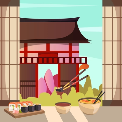 Japanese cuisine dishes with traditional historic building on background orthogonal composition with soy sauce sushi vector illustration