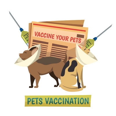 Compulsory pets vaccination orthogonal background composition with cat and dog in protective cone collars and syringes vector illustration