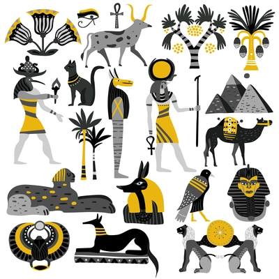 Egypt set of decorative icons with ancient gods, sphinx, scarab, pyramids, palm trees, ankh isolated vector illustration