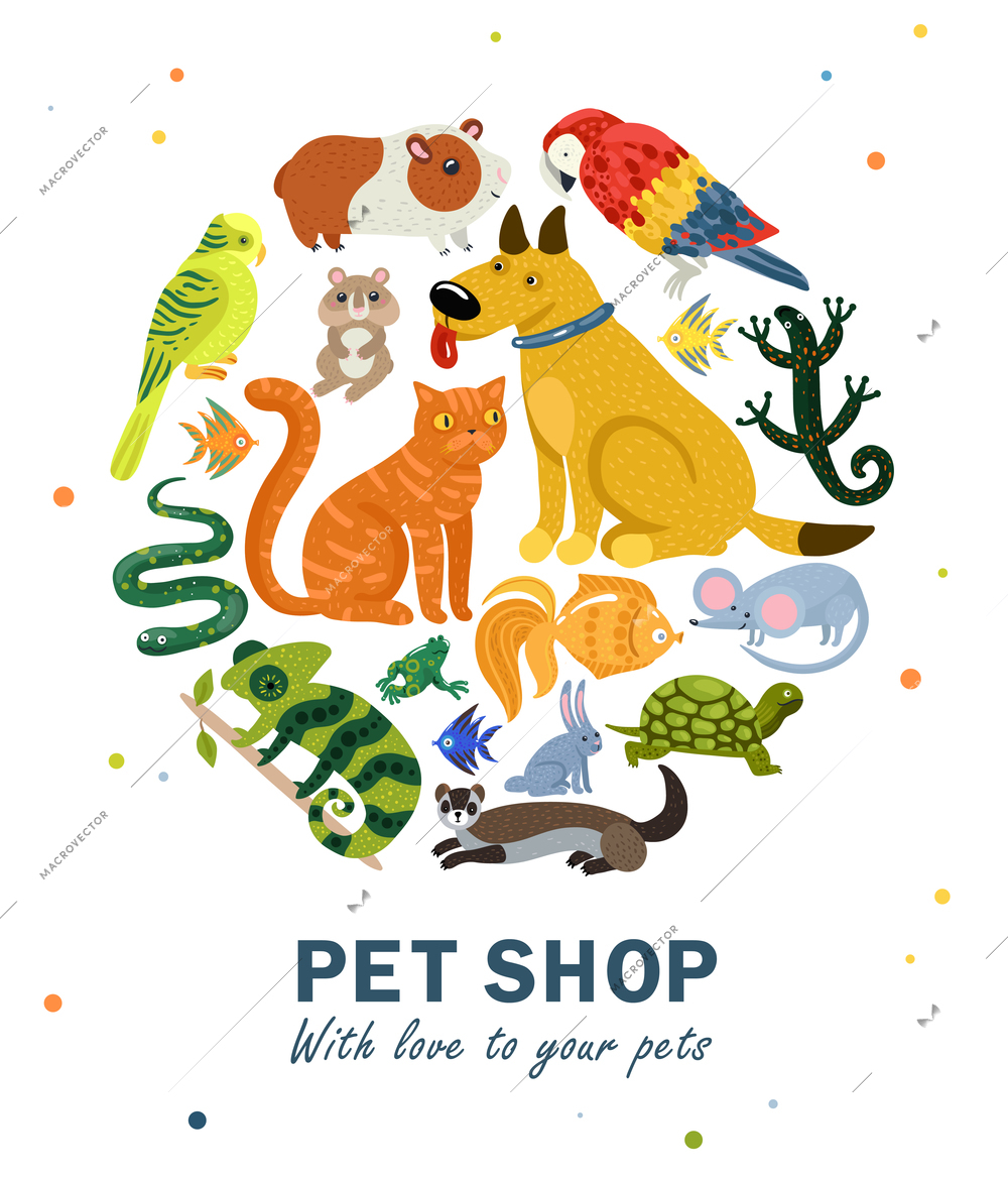 Pet shop round composition with various animals on white background with colorful spots vector illustration