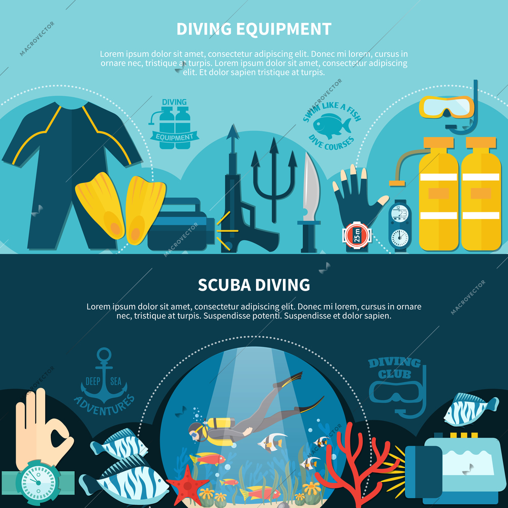 Horizontal banners with underwater equipment including hunting gun and scuba diving with marine wildlife isolated vector illustration