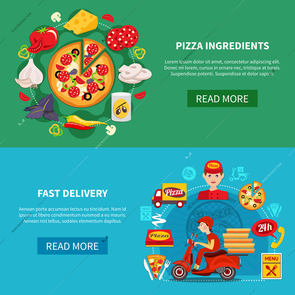 Pizza horizontal banners set with round compositions of flat pizzeria images with text and read more button vector illustration
