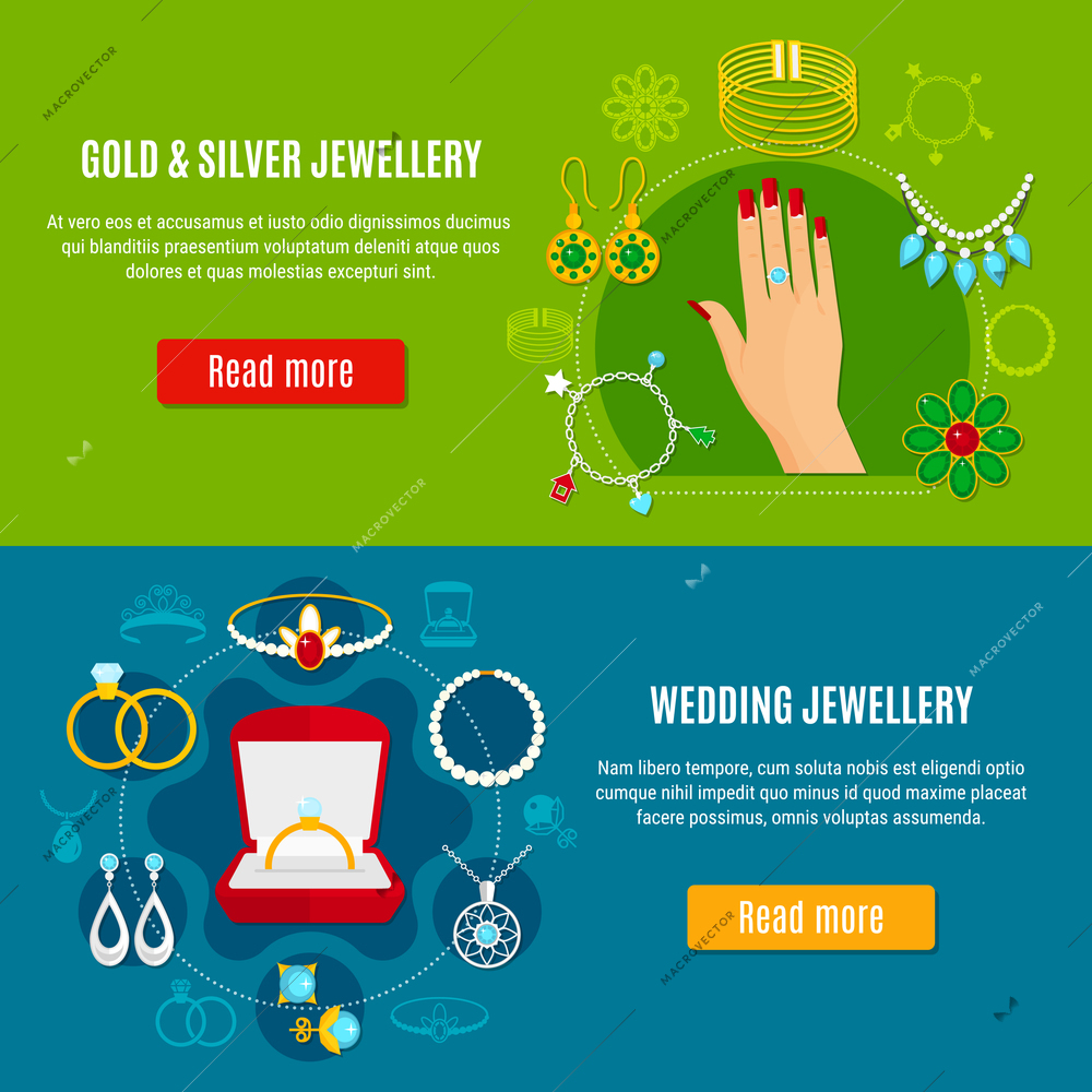 Gold and silver jewelry horizontal banners with wedding decorations on blue and green backgrounds isolated vector illustration