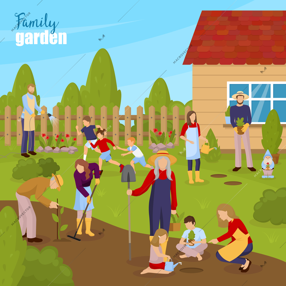 Gardening and family concept with summer house adults and children flat vector illustration