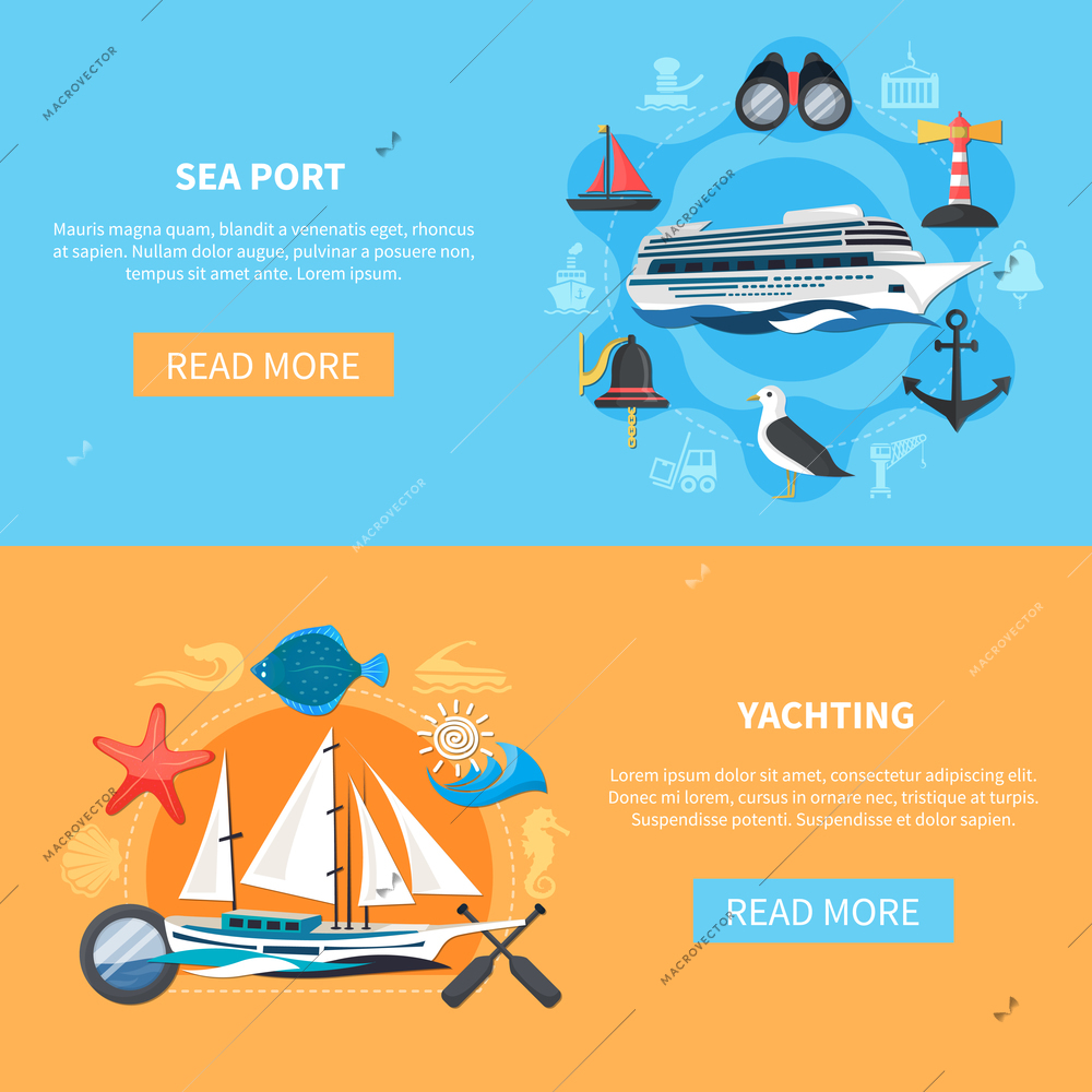 Nautical horizontal banners set with sea port symbols flat isolated vector illustration