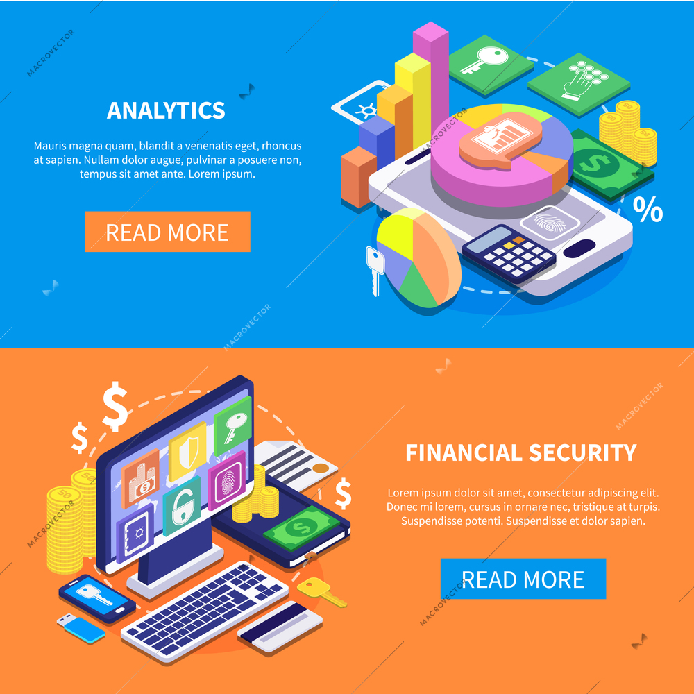 Safe transaction financial security data isometric horizontal banners set isolated on colorful backgrounds 3d vector illustration