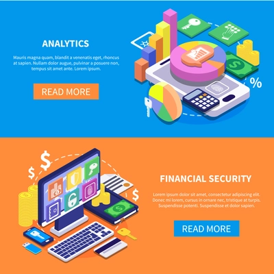 Safe transaction financial security data isometric horizontal banners set isolated on colorful backgrounds 3d vector illustration