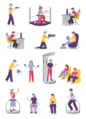 Gamers people flat set of isolated teenage human characters with leisure-time entertainment facilities and gaming accessories vector illustration