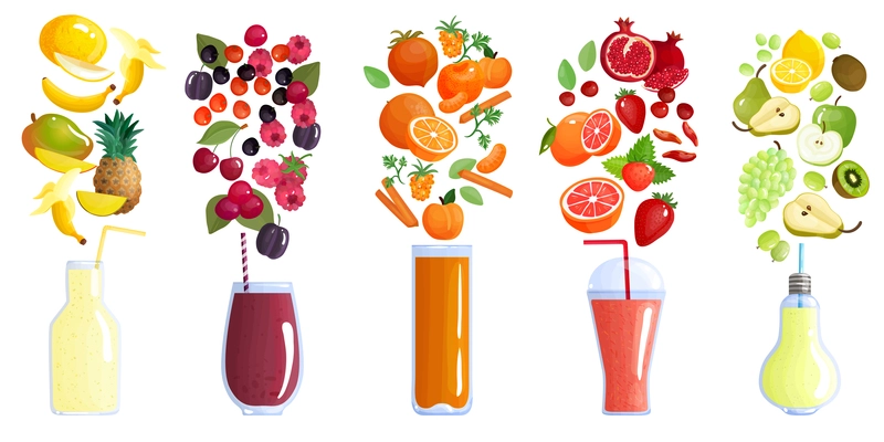 Smoothie colored isolated composition with five icon set and recipes of smoothie vector illustration