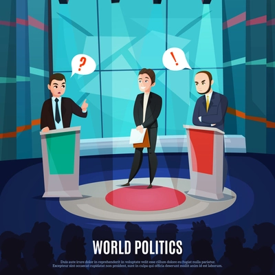 Two men in costumes discussing political questions in world politics talk show cartoon vector illustration