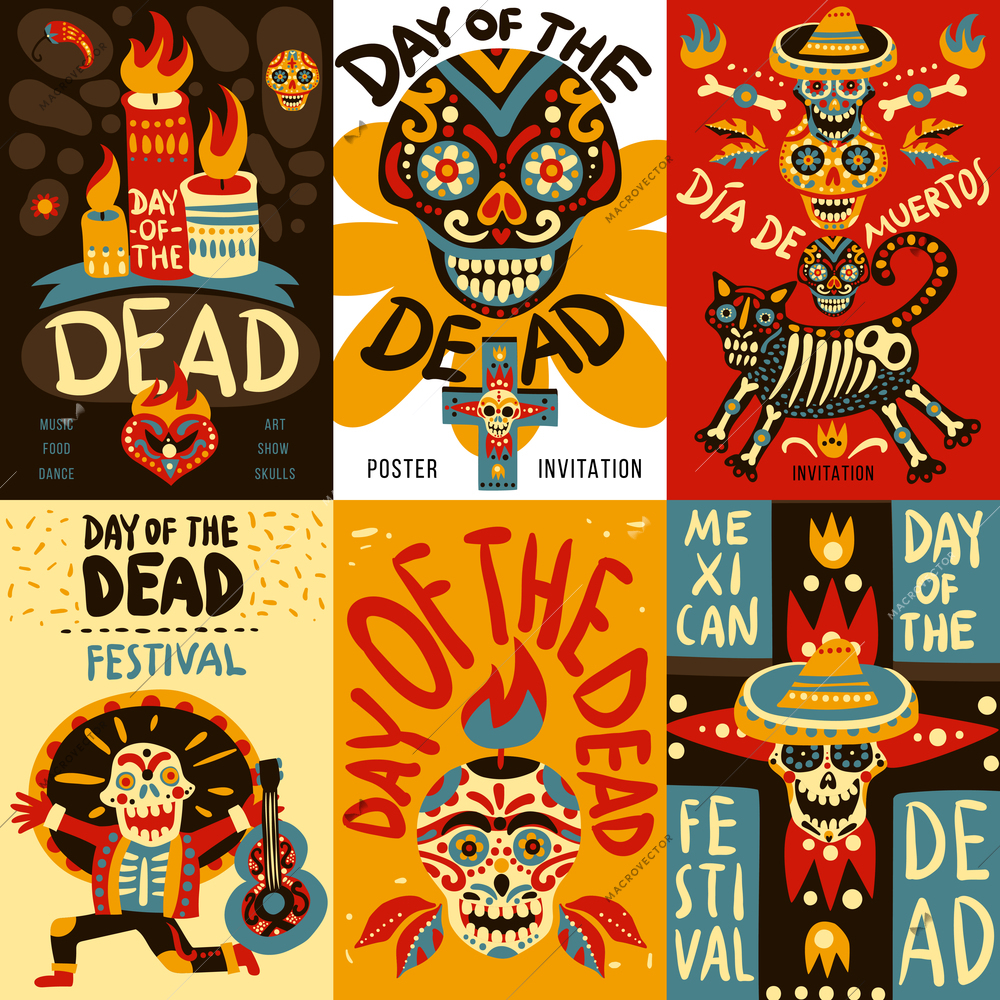 Day of dead mexican national festival symbols emblems 6 colorful banners set with skulls isolated vector illustration