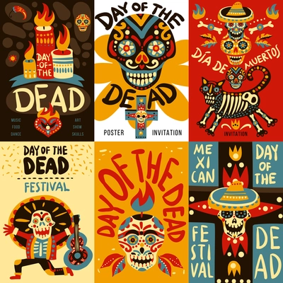 Day of dead mexican national festival symbols emblems 6 colorful banners set with skulls isolated vector illustration