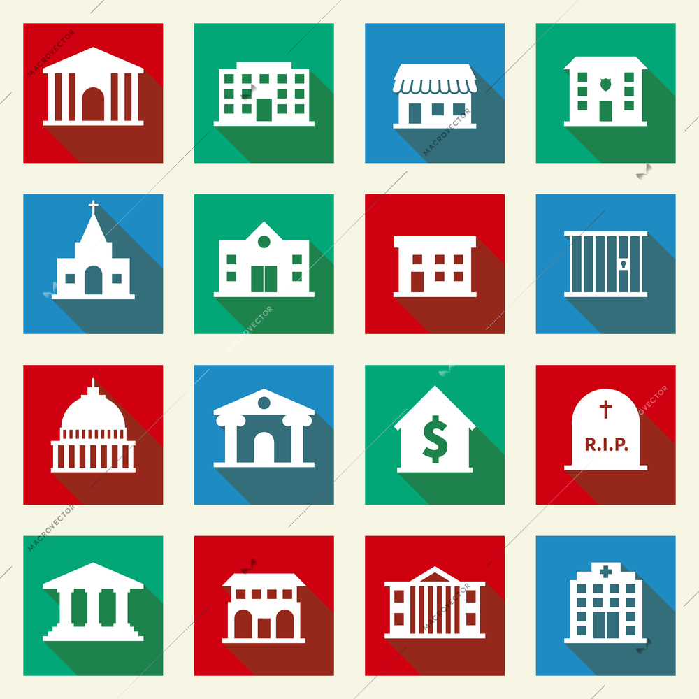 Government building icons set of library school bank isolated vector illustration