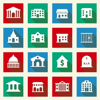 Government building icons set of library school bank isolated vector illustration