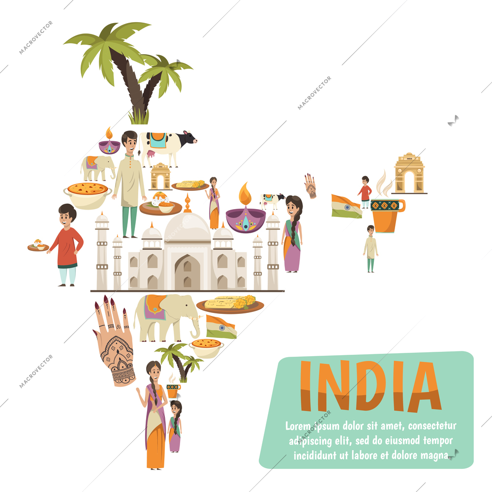 Abstract india map consisting of decorative icons describing famous national landmarks and traditions flat vector illustration