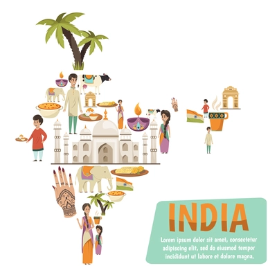 Abstract india map consisting of decorative icons describing famous national landmarks and traditions flat vector illustration