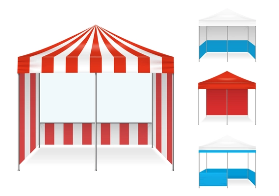 Realistic tent color set of isolated stall type canvas images with different colour scheme and shape vector illustration