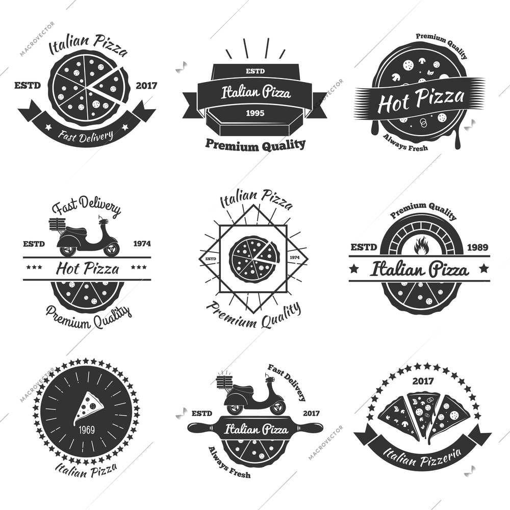 Pizza vintage emblems collection with flat isolated images of italian pizza pieces decorative elements and text vector illustration
