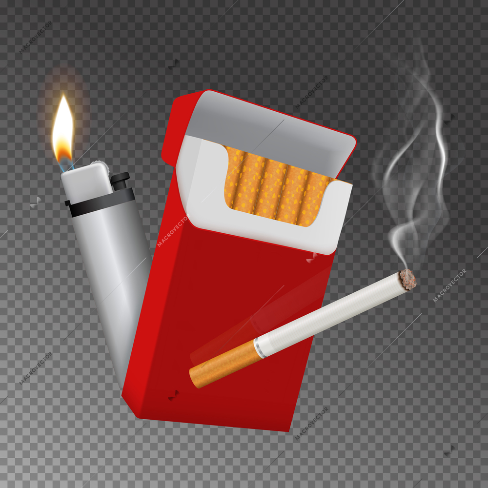 Realistic burning cigarette with smoke, red carton pack, lighter with flame, composition on transparent background vector illustration