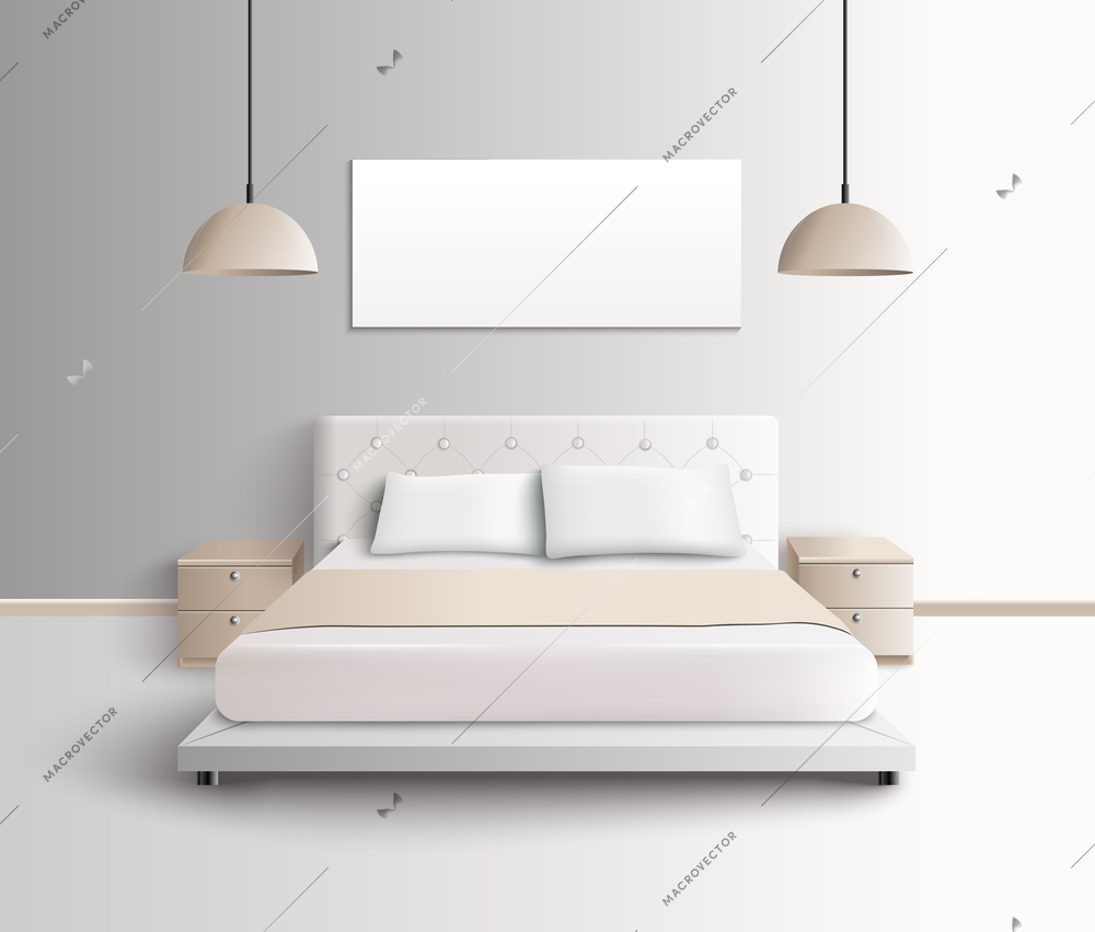 Bedroom furniture interior realistic composition with images of bed with bedside tables and hanging lamp shades vector illustration