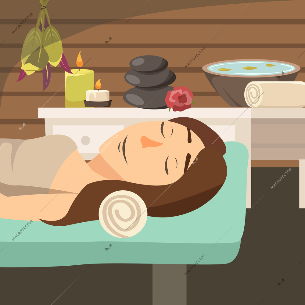 Natural cosmetology flat background with young woman lying on massage bed in spa salon near aroma candles and stones vector illustration