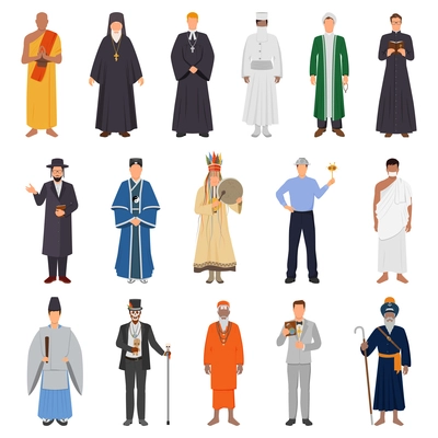 Set of people in traditional costume from world religions including islam, catholicism, orthodoxy, buddhism isolated vector illustration