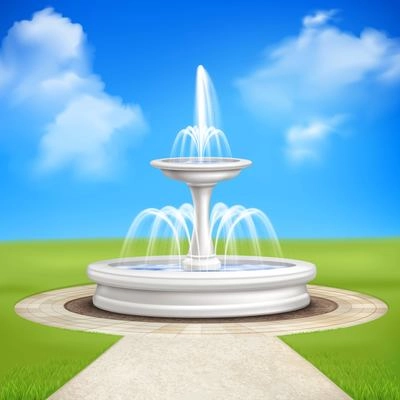 Fountain in garden at blue sky background realistic vintage composition with track lined by paving tiles and lawn grass vector illustration