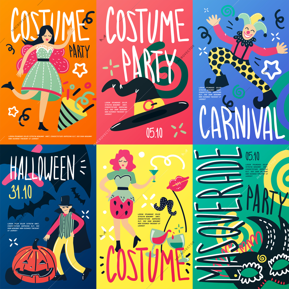 Costume party doodle placards collection of vertical drawn cartoon style compositions of decorations people and text vector illustration