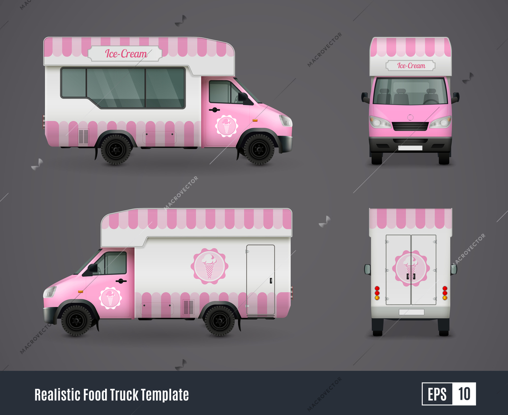 Food trucks realistic ad template design composition of four isolated views of purple ice cream truck vector illustration