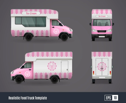 Food trucks realistic ad template design composition of four isolated views of purple ice cream truck vector illustration