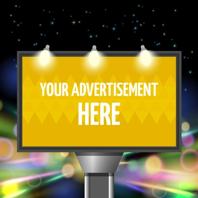 Street advertisement city background with billboard in the night light with burning lamps vector illustration