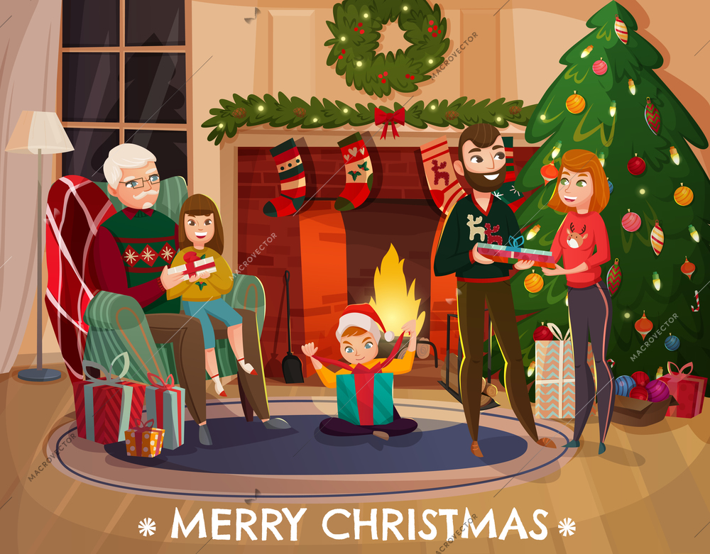 Family christmas congratulation, grandfather with granddaughter in chair, parents with gifts, year tree near fireplace vector illustration