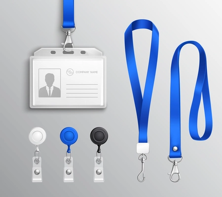 Employees identification card id badges holders with blue lanyards and strap clips realistic templates set isolated vector illustration