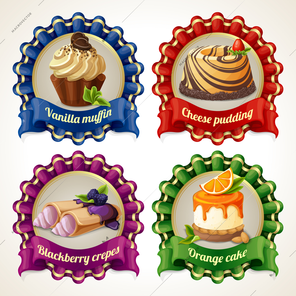 Decorative sweets ribbon banners set with vanilla muffin cheese pudding isolated vector illustration